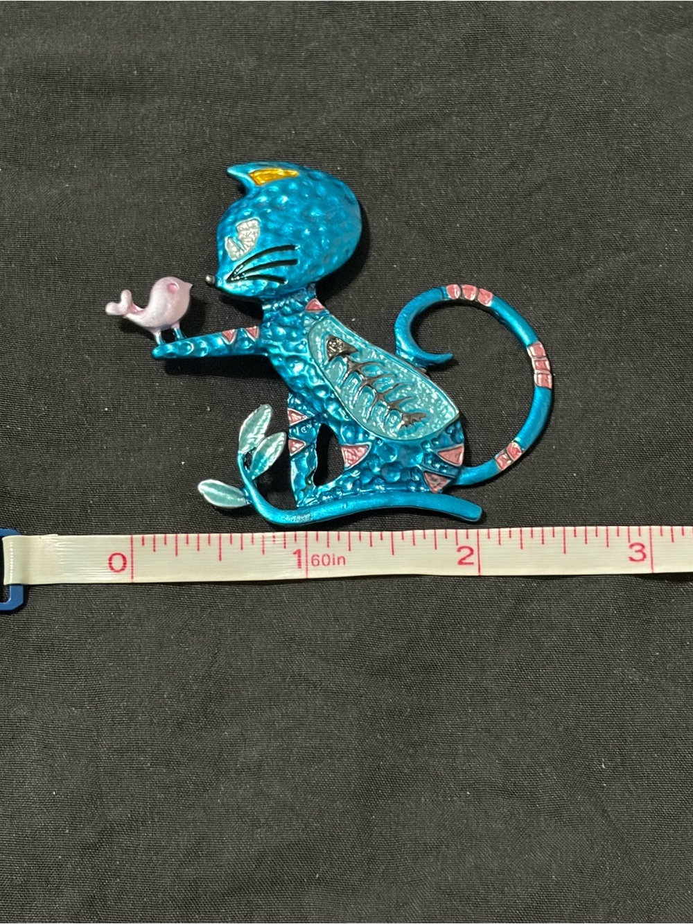 Teal Enamel Cat Brooch with Pink Bird Accent - Picture 5 of 5